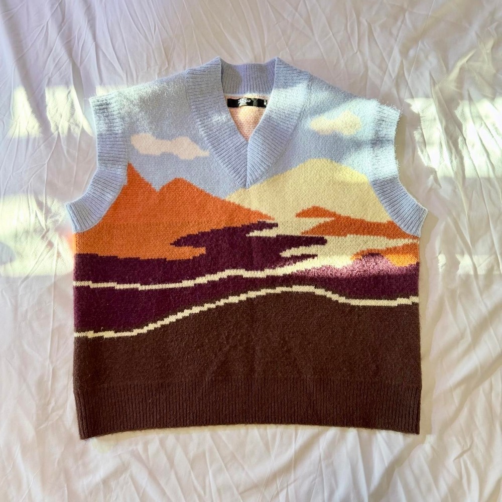 Jaded London Oversized Sunset Knit Sweater Vest Mountain Graphic Orange Brown M